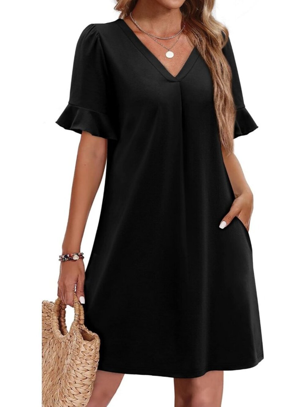 Women's Black Ruffle Short Sleeve V Neck Casual  with Pockets Shift Mini Dress